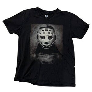 Gongshow Womens Black V-Neck Hockey Mask Graphic T-Shirt L 100% Cotton